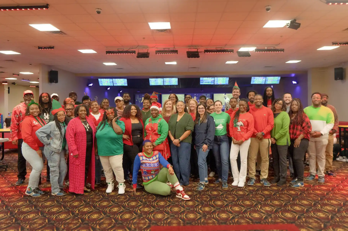 Group photo at bowling alley